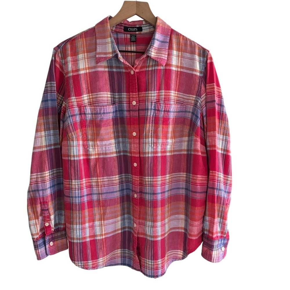 Chaps Plaid Linen Blend Button Up Shirt Women’s 1X Casual Preppy